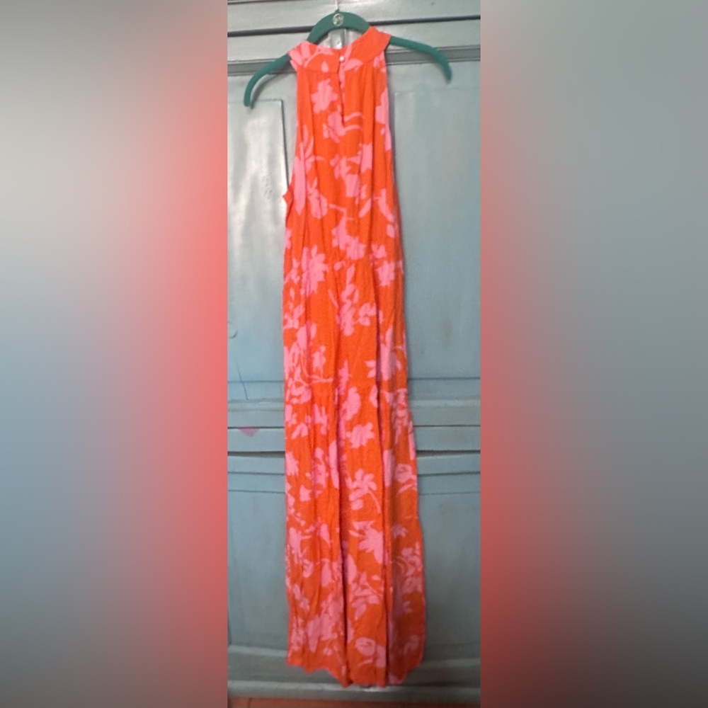 SHEIN Orange Maxi Dress with Pink Floral Print
